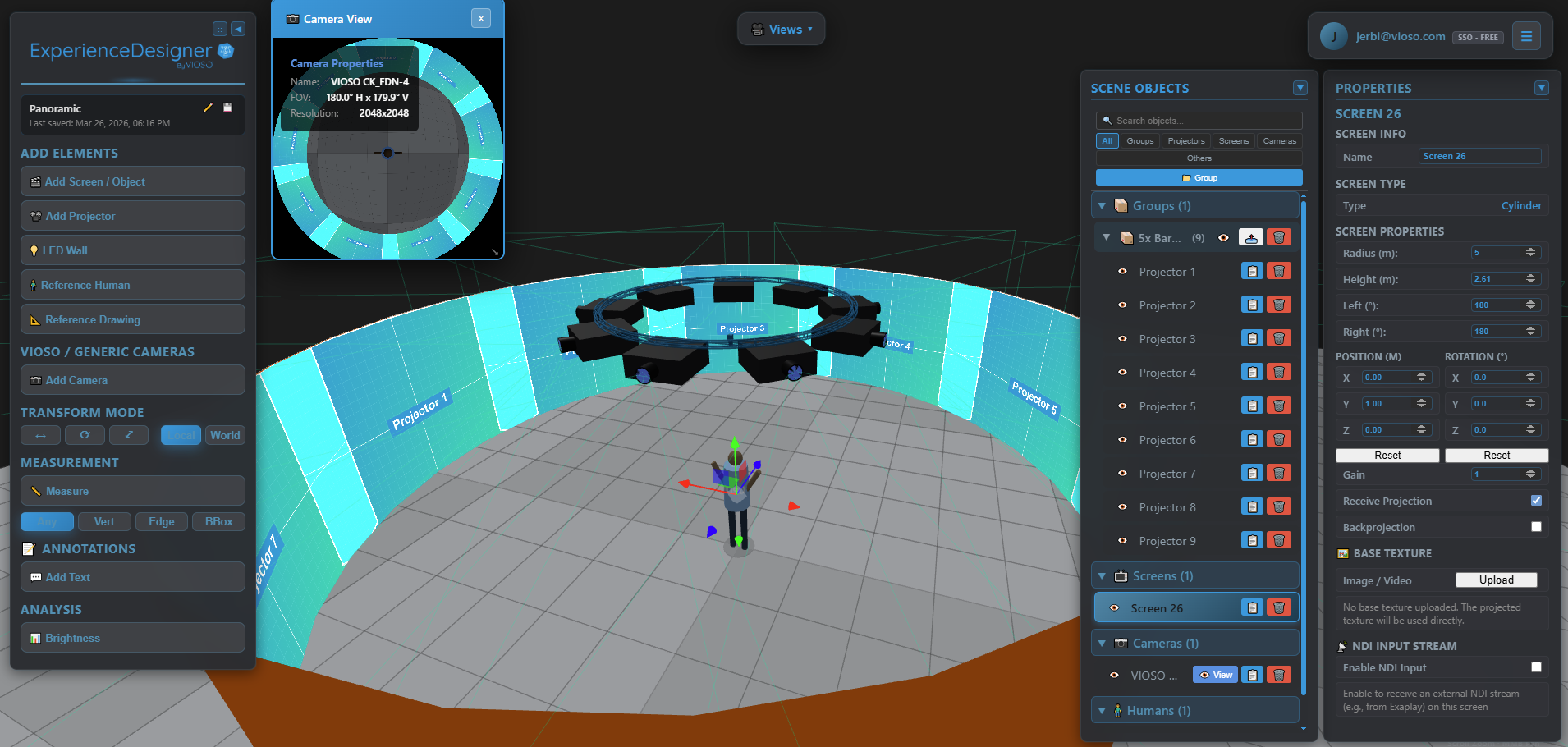 VIOSO Experience Designer — multi-projector workspace with live photometric analysis